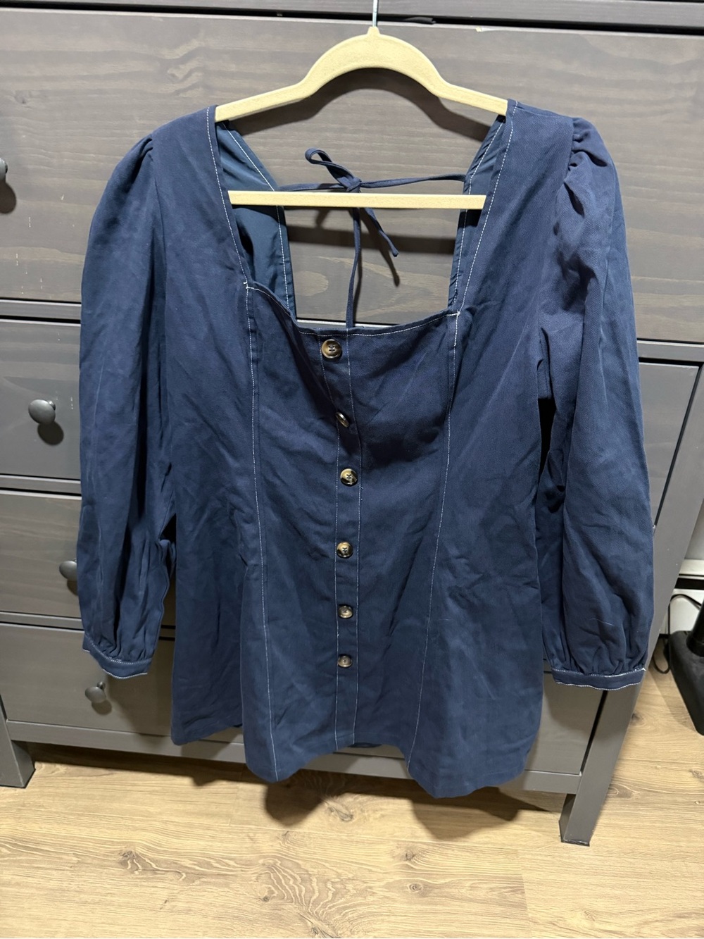 Classic Navy Button-Front Square Neck Blouse